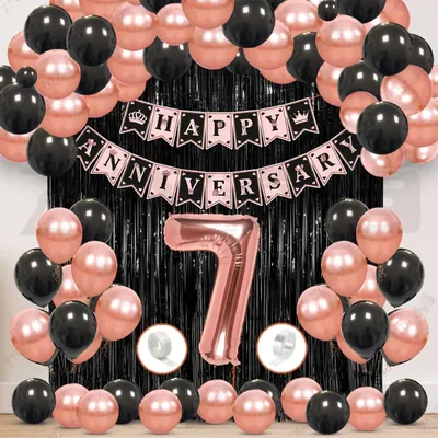 7th Anniversary Decoration Kit, Rose Gold & Black Balloon Set with Fringe Curtain & Foil Banner, 56 Pcs (3 Packs)