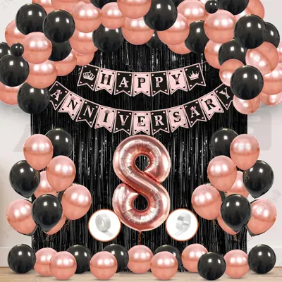 8th Anniversary Decoration Kit, Rose Gold & Black Balloon Set with Fringe Curtain & Foil Banner, 56 Pcs (3 Packs)