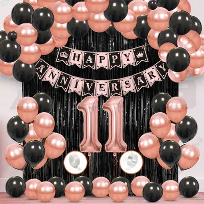 11th Anniversary Decoration Kit, Rose Gold & Black Balloon Set with Fringe Curtain & Foil Banner, 57 Pcs (3 Packs)