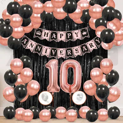10th Anniversary Decoration Kit, Rose Gold & Black Balloon Set with Fringe Curtain & Foil Banner, 57 Pcs (3 Packs)