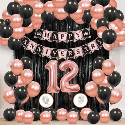 12th Anniversary Decoration Kit, Rose Gold & Black Balloon Set with Fringe Curtain & Foil Banner, 57 Pcs (3 Packs)