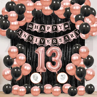 13th Anniversary Decoration Kit, Rose Gold & Black Balloon Set with Fringe Curtain & Foil Banner, 57 Pcs (3 Packs)