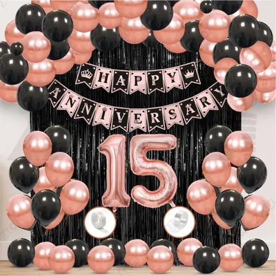15th Anniversary Decoration Kit, Rose Gold & Black Balloon Set with Fringe Curtain & Foil Banner, 57 Pcs (3 Packs)