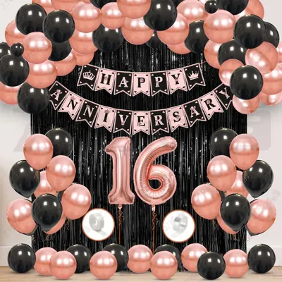 16th Anniversary Decoration Kit, Rose Gold & Black Balloon Set with Fringe Curtain & Foil Banner, 57 Pcs (3 Packs)
