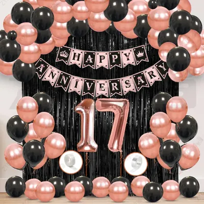 17th Anniversary Decoration Kit, Rose Gold & Black Balloon Set with Fringe Curtain & Foil Banner, 57 Pcs (3 Packs)