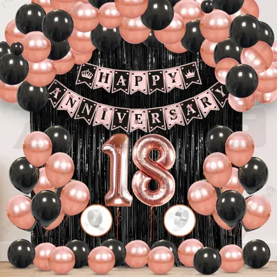 18th Anniversary Decoration Kit, Rose Gold & Black Balloon Set with Fringe Curtain & Foil Banner, 57 Pcs (3 Packs)
