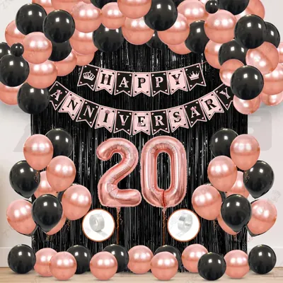 20th Anniversary Decoration Kit, Rose Gold & Black Balloon Set with Fringe Curtain & Foil Banner, 57 Pcs (3 Packs)