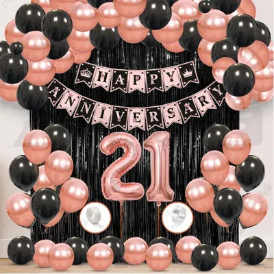 21st Anniversary Decoration Kit, Rose Gold & Black Balloon Set with Fringe Curtain & Foil Banner, 57 Pcs (3 Packs)