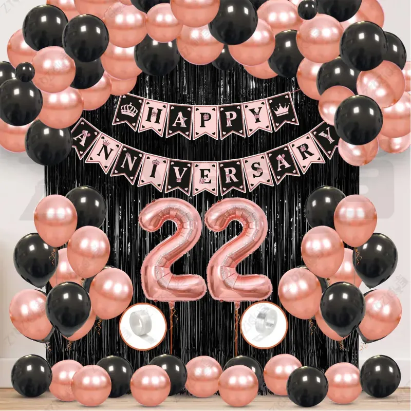 22nd Anniversary Decoration Kit, Rose Gold & Black Balloon Set with Fringe Curtain & Foil Banner, 57 Pcs (3 Packs)