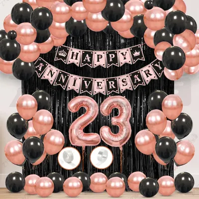 23th Anniversary Decoration Kit, Rose Gold & Black Balloon Set with Fringe Curtain & Foil Banner, 57 Pcs (3 Packs)