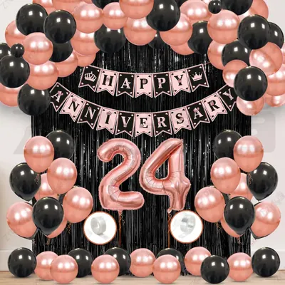24th Anniversary Decoration Kit, Rose Gold & Black Balloon Set with Fringe Curtain & Foil Banner, 57 Pcs (3 Packs)