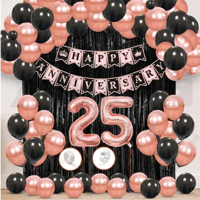 25th Anniversary Decoration Kit, Rose Gold & Black Balloon Set with Fringe Curtain & Foil Banner, 57 Pcs (3 Packs)