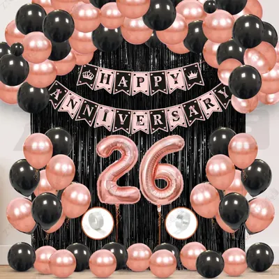 26th Anniversary Decoration Kit, Rose Gold & Black Balloon Set with Fringe Curtain & Foil Banner, 57 Pcs (3 Packs)