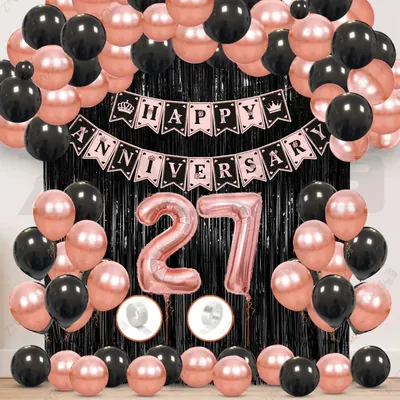 27th Anniversary Decoration Kit, Rose Gold & Black Balloon Set with Fringe Curtain & Foil Banner, 57 Pcs (3 Packs)