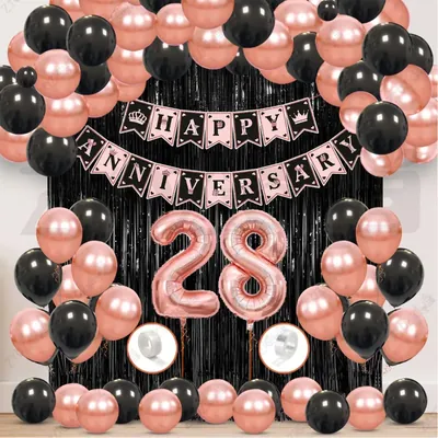 28th Anniversary Decoration Kit, Rose Gold & Black Balloon Set with Fringe Curtain & Foil Banner, 57 Pcs (3 Packs)