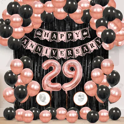 29th Anniversary Decoration Kit, Rose Gold & Black Balloon Set with Fringe Curtain & Foil Banner, 57 Pcs (3 Packs)