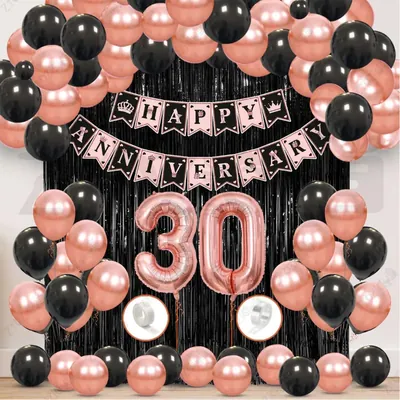 30th Anniversary Decoration Kit, Rose Gold & Black Balloon Set with Fringe Curtain & Foil Banner, 57 Pcs (3 Packs)
