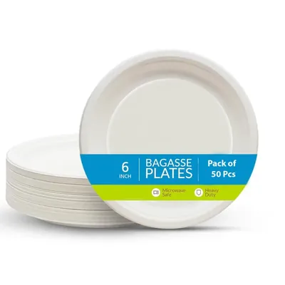 6 Inch White Round Bagasse Plate for Food Serving, Party and Outing Events (Pack-50 Pcs)