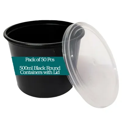 500 ml Black Round Takeout Food Containers With Lids (Pack-50)