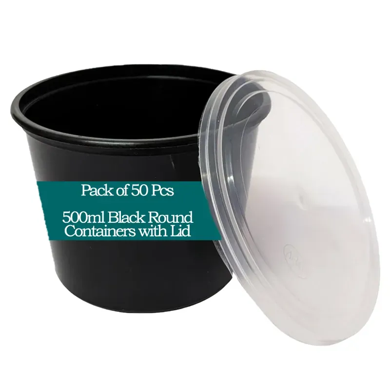 500 ml Black Round Takeout Food Containers With Lids (Pack-50)