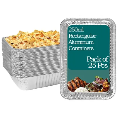 250 ml Aluminum Rectangular Disposable Container with White Paper Lid for Safe and Secured Food Packaging (Pack-25 pcs)