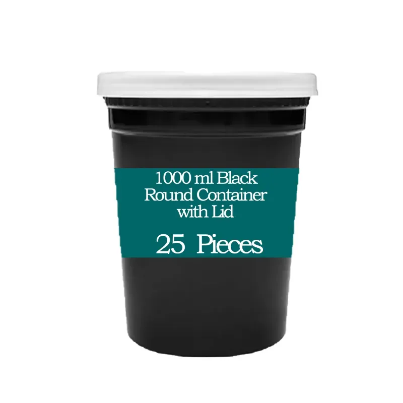 1000 ml Black Round Plastic Container with Lid for Food Packaging, Fast Food Serving and Takeaway (Pack-25 Pcs)