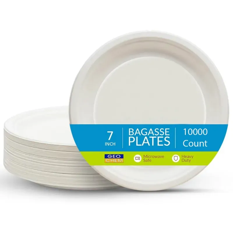 10000 Pcs, 7 Inch White Round Bagasse Plate for Serving Snacks, Birthday, Wedding and Party