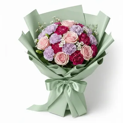 Pack of 2 (40 Sheets) Sea Green Solid Korean Gift Wrap, Waterproof Checked Bouquet Paper + 3 Pull Bows