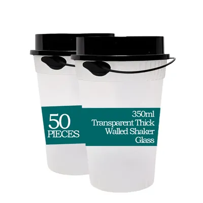350 ml Transparent Thick Walled Shaker Glass with Round Lid for Juice, Mocktails and Shakes (Pack-50)