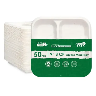 9 Inch 3 Compartment Square Bagasse Disposable Plates for Birthday Wedding Party Catering & Events (Pack-50 Pcs)