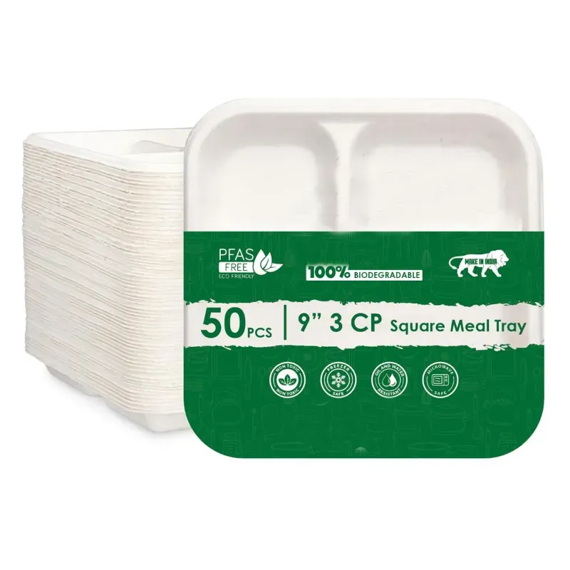 9 Inch 3 Compartment Square Bagasse Disposable Plates for Birthday Wedding Party Catering & Events (Pack-50 Pcs)