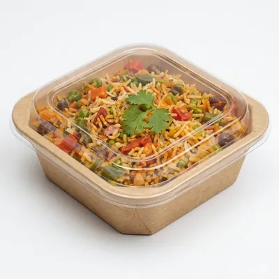 500 ml Disposable Square Kraft Paper Food Box with Lid 140 x 140 x 35 mm Fast Food Container for Restaurant Delivery (Pack-50 pcs)