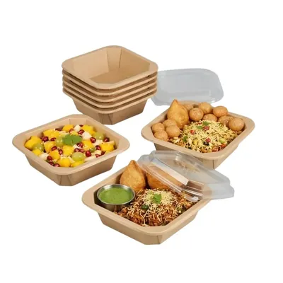 600 ml Disposable Square Kraft Paper Food Box with Lid 150 x 150 x 45 mm Fast Food Container for Restaurant Delivery (Pack-50 pcs)