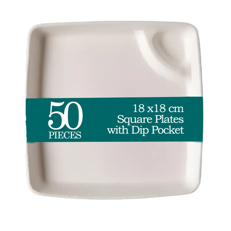 POCHEON ® 50pcs 18 x 18 cm Square Plates with Dip Pocket Ideal for Snacks & Parties