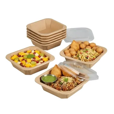 750 ml Disposable Square Kraft Paper Food Box with Lid 150 x 150 x 55 mm Fast Food Container for Restaurant Delivery (Pack-50 pcs)