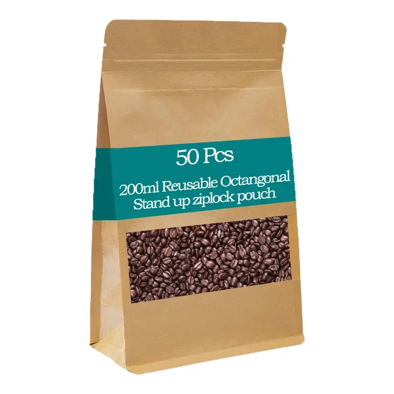 50 Pcs, 200 ml Brown Reusable Octagonal Stand up Zip Lock Storage Pouch