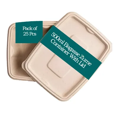 500 ml Bagasse Rectangular Zume Container With Lid, 100% Anti-Leak Technology for Food Delivery, Take Away Meals (Pack-25 pcs)