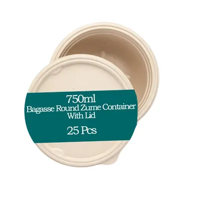 750 ml Bagasse Round Zume Container With Lid, 100% Anti-Leak Technology for Food Delivery, Take Away Meals (Pack-25 pcs)