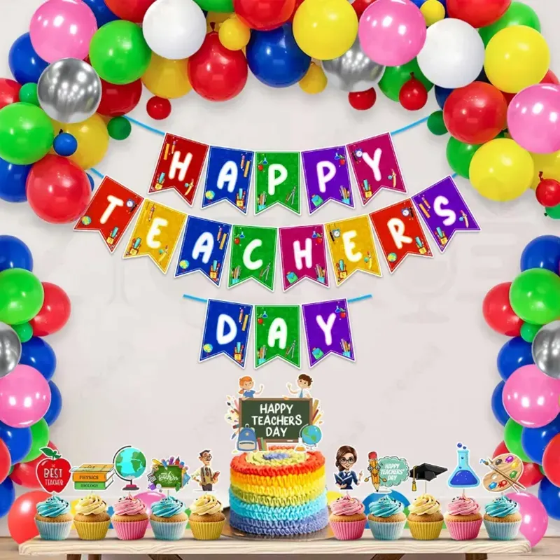 9, 18 Teachers Day Decoration Kit For School 300 GSM Cardstock Banner Balloons Cake Topper, 37 Pcs in 1 Pack (Pack-3 pcs) (Pack of 3)