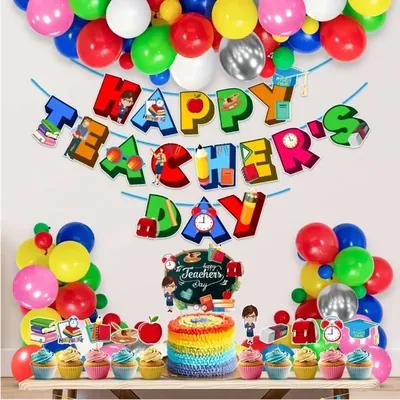 Happy Teachers Day 37 Pcs Decoration Kit Multicolor Party Combo With Banners Balloons Cake Toppers (Pack-3 pcs)