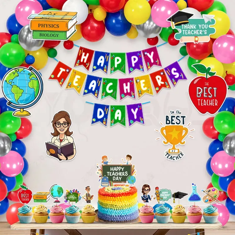 Teachers Day 43 Pcs Decor Kit For School Party 300 GSM Banner Cardstock Cutouts Balloons Cake Toppers (Pack of 3)