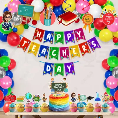 Teachers Day 43 Pcs Decor Kit For School Party 300 GSM Banner Swirl Hangings Balloons Cake Toppers (Pack of 3)