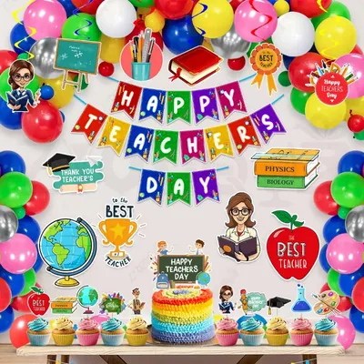 Teachers Day 49 Pcs Decoration Kit For School Party 300 GSM Cardstock Banner Swirls Balloons Cutouts (Pack of 3)