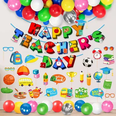 Happy Teachers Day 54 Pcs Decoration Combo Kit For School Party MultiColor Props Balloons Reusable Banner (Pack of 3)