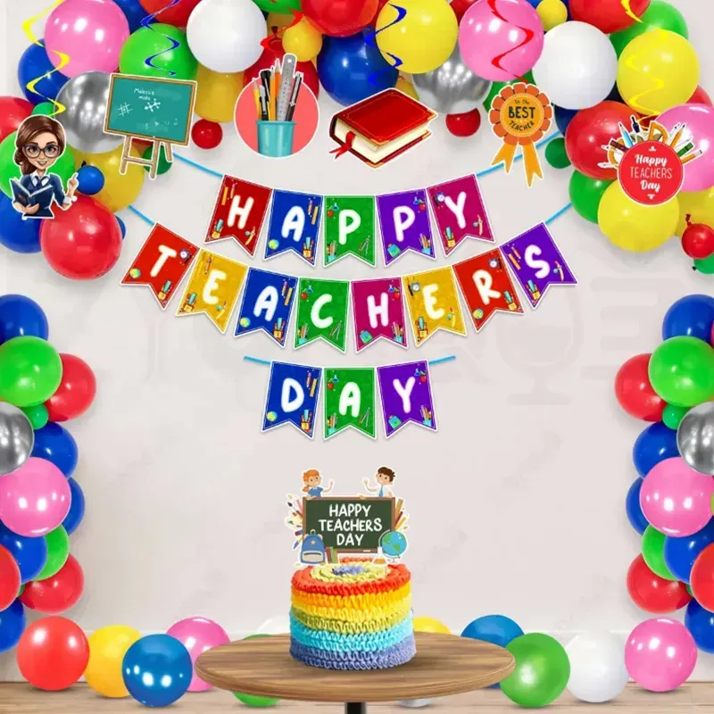 9, 18 Teachers Day Decor Kit, 300 GSM Banner Swirls Balloons Cake Topper Reusable, 33Pcs in 1 Pack (Pack-3 pcs) (Pack of 3)