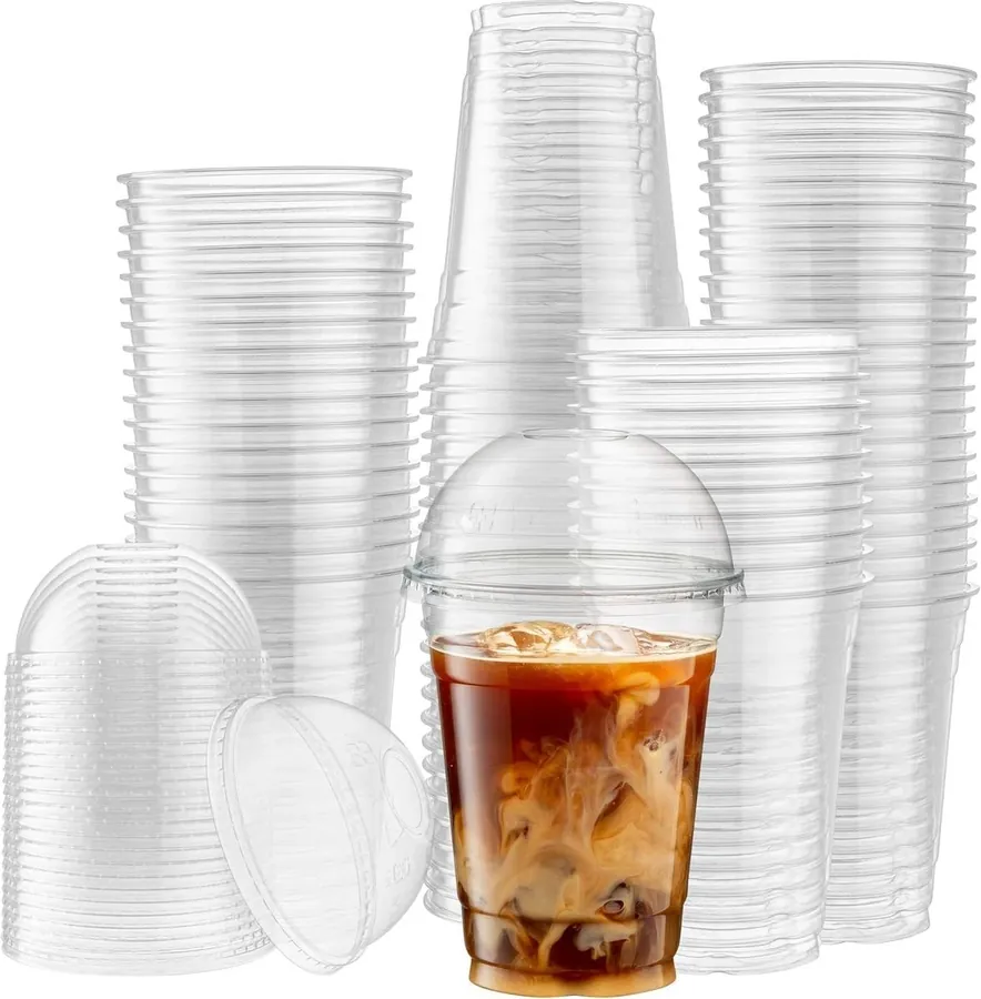 350 ml x 500pcs Clear PET Glass with Dome Lids, Juice & Beverage Glasses for Iced Coffee, Soda, Smoothies