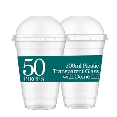 300 ml Transparent Plastic Glasses With Leak Proof Dome Lids Food-Grade PET Material for Cold Beverages and Smoothies (Pack-50 Pcs)