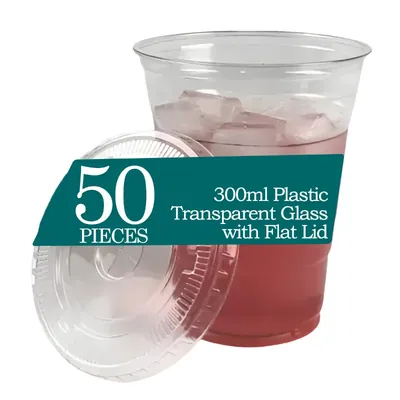 300 ml (10oz) Clear Plastic Glass with Flat Lids, Crystal Transparent Disposable Drink Glasses for Iced Coffee, Smoothies (Pack-50 Pcs)