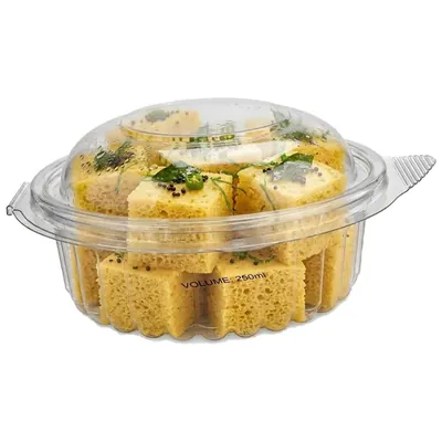 100pcs, 250 ml Transparent Round Hinged Container for Dhokla, Burger and Snacks Packaging