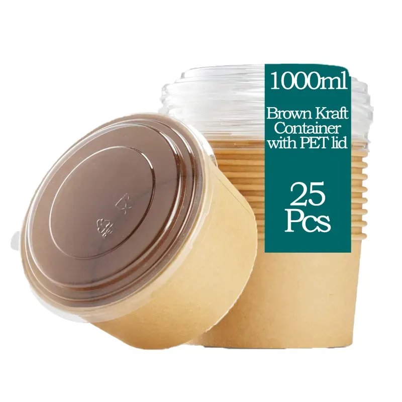 1000 ml Brown Kraft Paper Tubs with Transparent PET Lid (Pack-25 pcs)